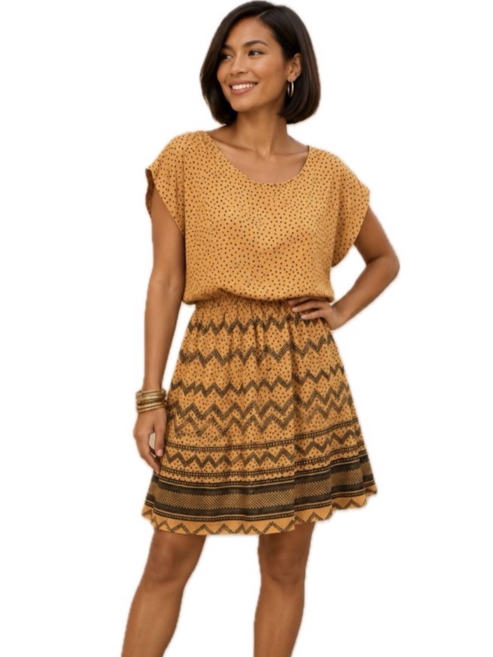 Tan & Black Polka Dot Patterned Mini Dress S-L